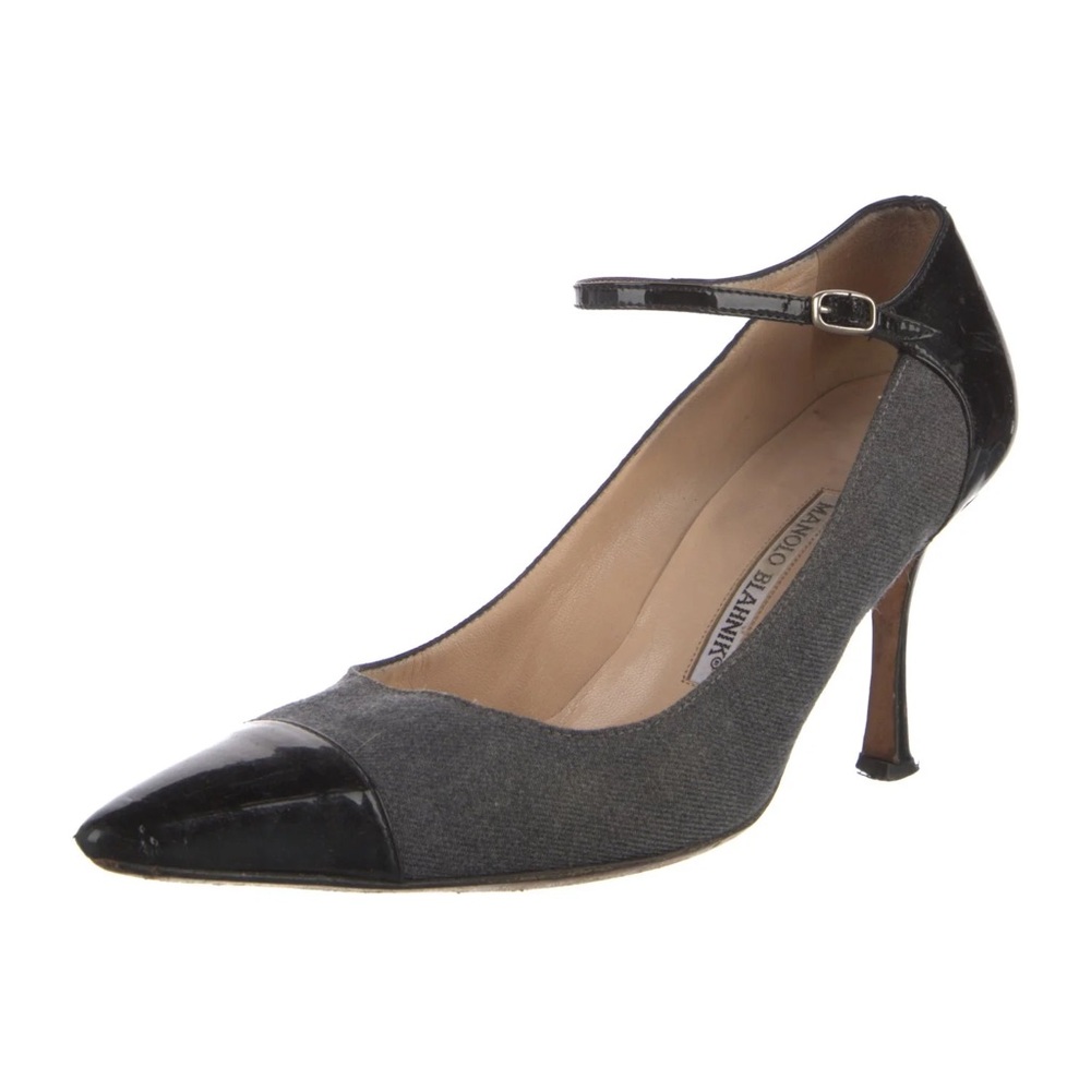 Manolo Blahnik Semele Mary Jane pumps in brushed tweed with patent leather trims